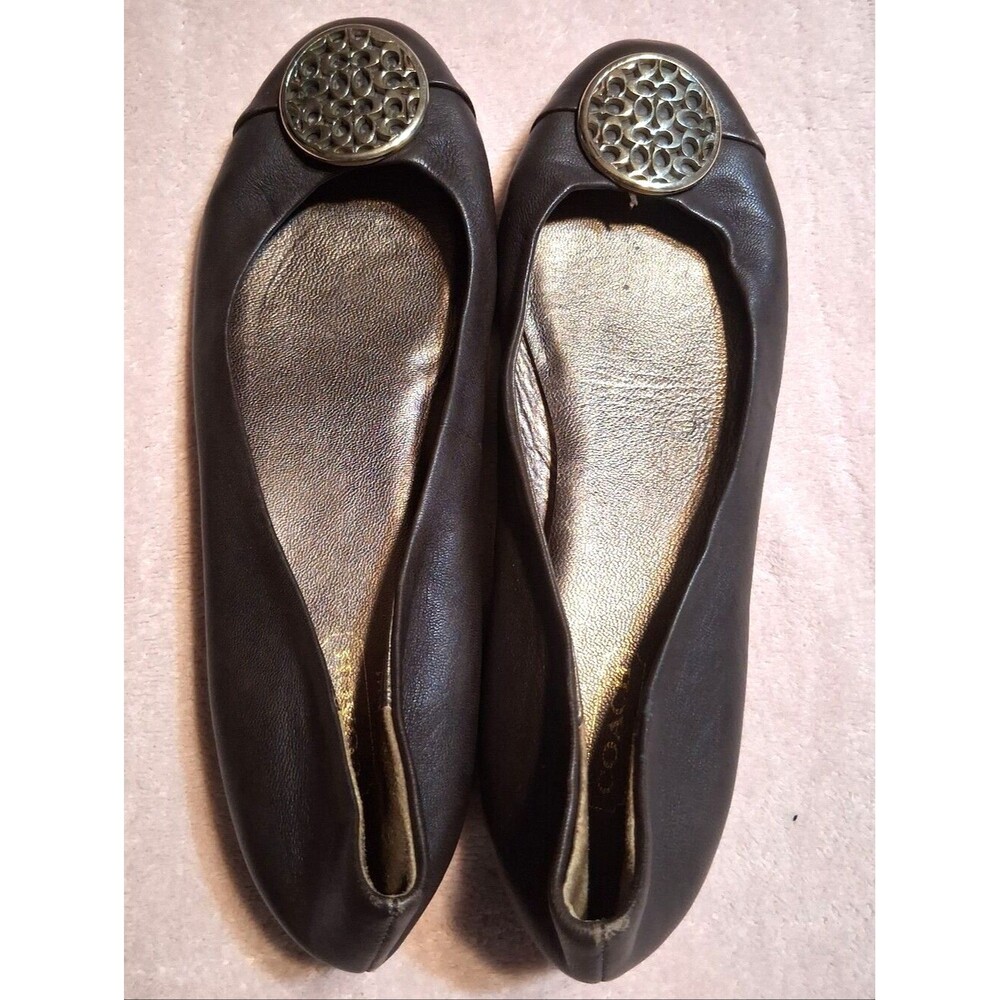 COACH Metallic Bronze Leather Ballet Flats with Signature Logo Medallion Luxury